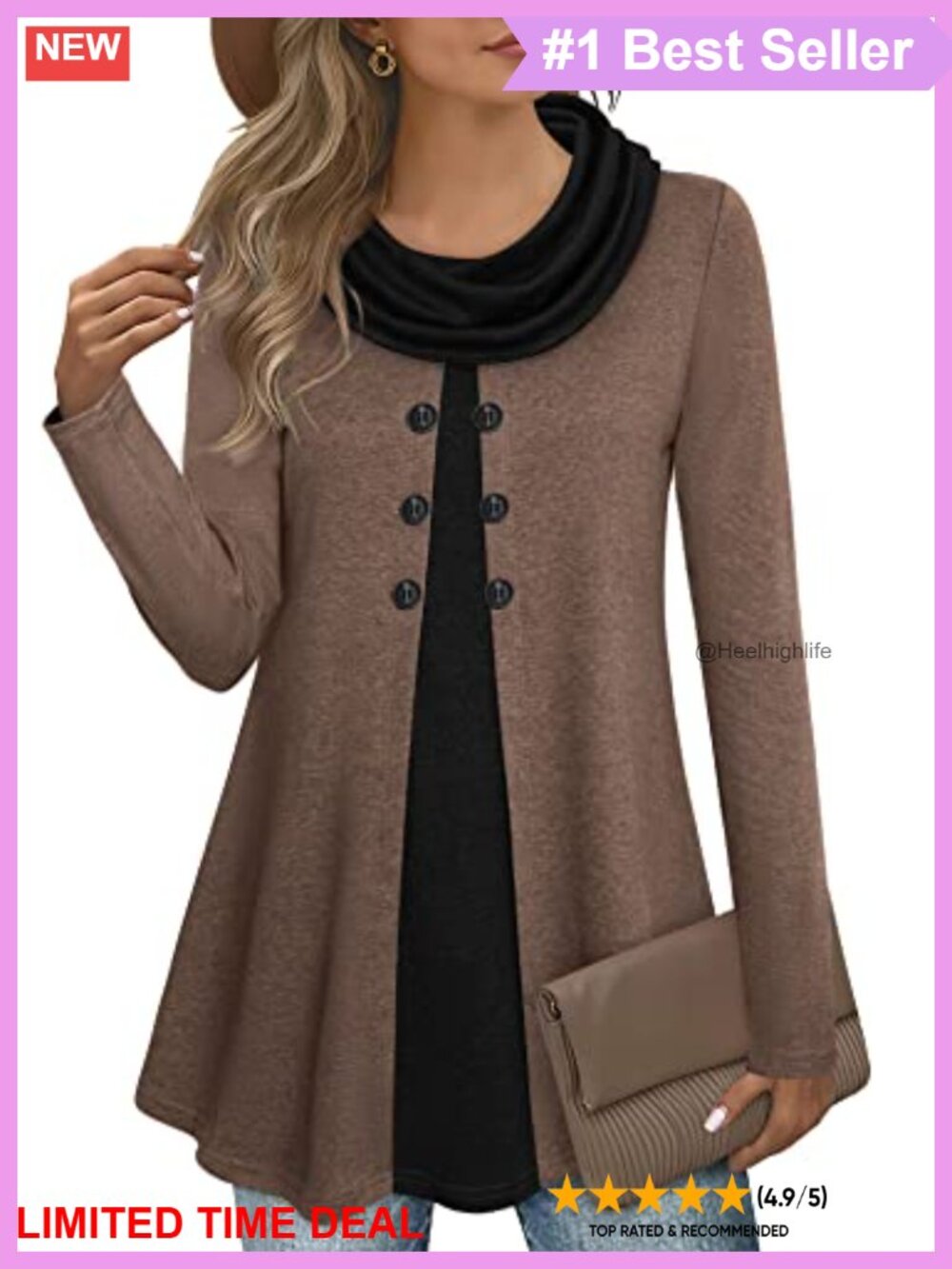 Womens Long Sleeve Cowl Neck Tunic Top Splicing Button A Line Fall Winter